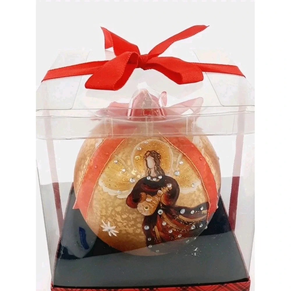 Bon-Ton Large Glass Christmas Ornament Hand Painted Angel Gold Speckle NIB
